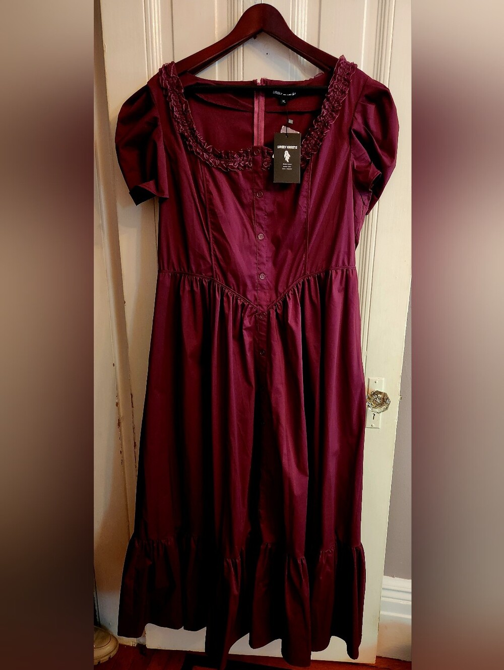 Lovely Ghosts Wine Button-Front Midi Dress